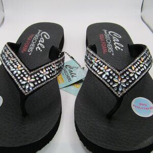 SKETCHERS-CALI YOGA FOAM WOMEN SIZE 7 BLACK /PASTEL BEAD RHINESTONE FLIP FLOP